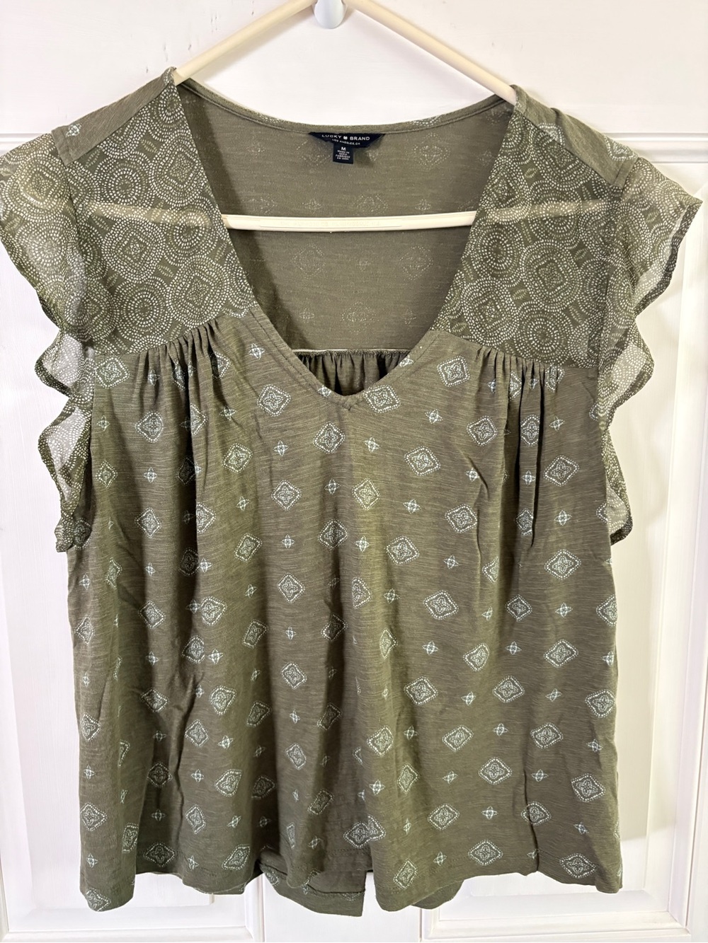 Lucky Brand Olive Modal V-Neck Flutter Sleeve Blouse